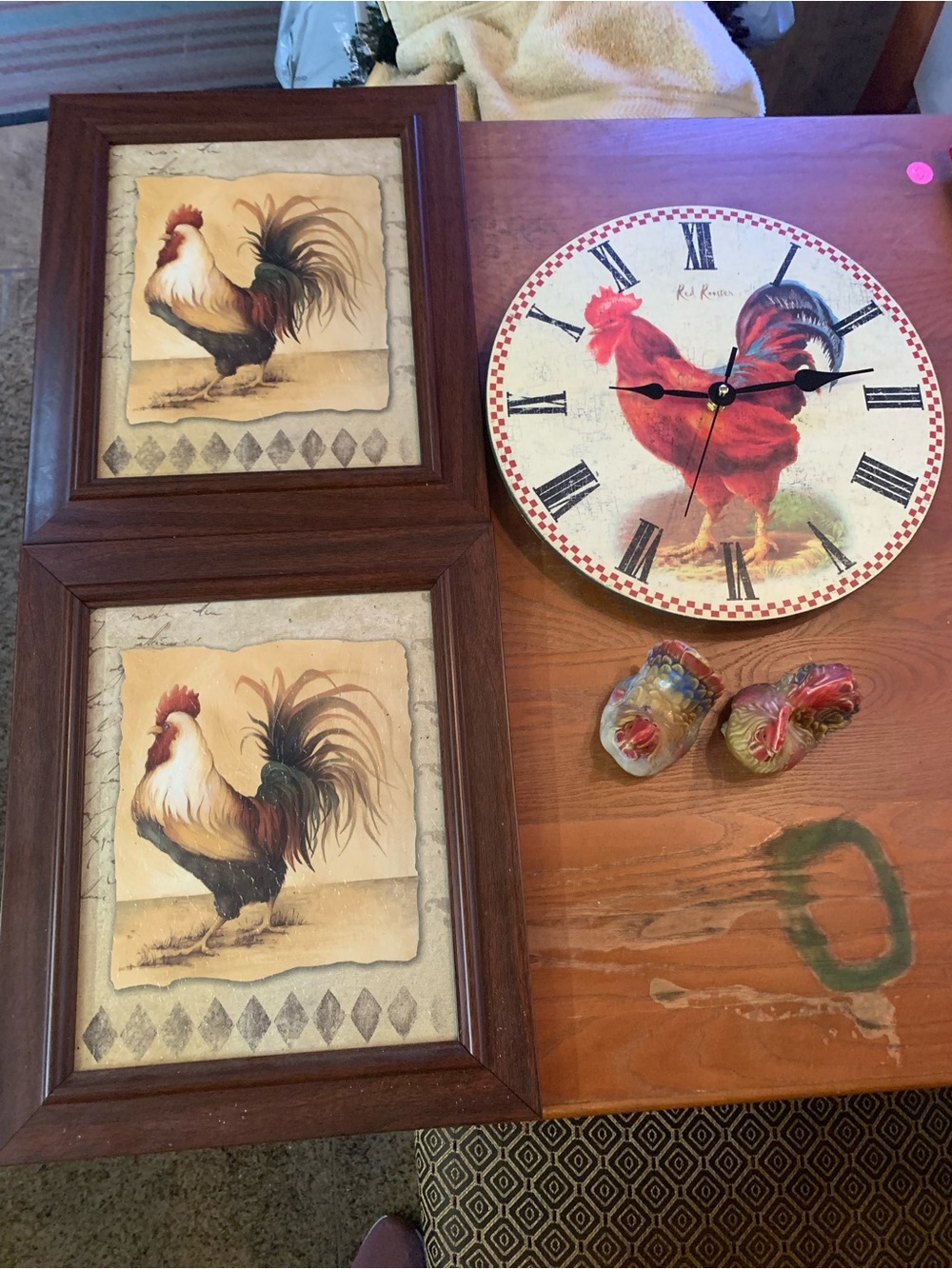 Rustic Red Rooster Wall Clock Print Set & Salt n Pepper Set Farmhouse Kitchen